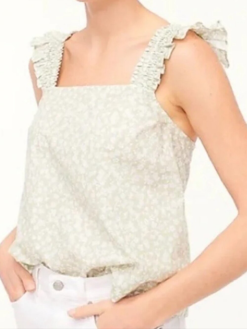 NWT J.Crew Light Mint Green & White Floral Crop Top Ruffle Sleeves, Size XXL